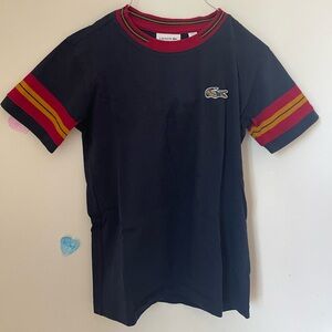 Lacoste Kids Navy crewneck cotton T Shirt with Red and Yellow Stripes, Size 8